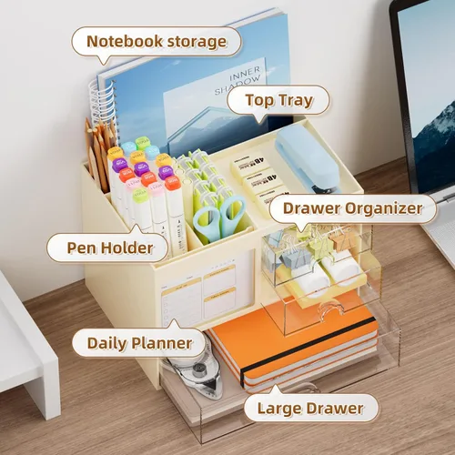 Miniatura 2 de Marbrasse Organizador de Escritorio con 3 Cajones, Soporte Multifuncional para Lápices y Bolígrafos para Escritorio, Organizador de Escritorio