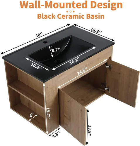 Miniatura 2 de Tocador de baño de 30 pulgadas con fregadero, moderno combo montado en la pared con lavabo de cerámica blanca y estante abierto ajustable, grifo
