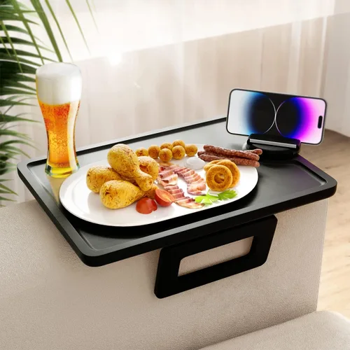 Miniatura 11 de Smatdecis Bandeja de brazo para sofá, mesa de clip para brazos, mesa de bandeja para reposabrazos adecuada para bebidas caseras, comida rápida, Negro