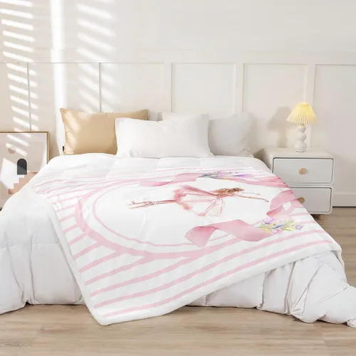 Miniatura 2 de Manta de vellón de ballet para niña, manta de ensueño con lazo rosa de princesa bailarina para sofá de adultos, manta suave kawaii a rayas círculos