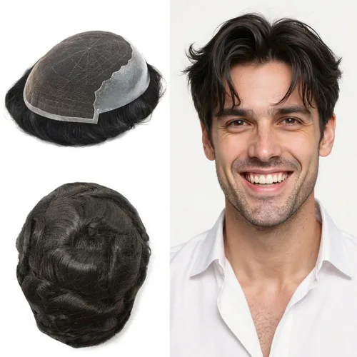 Toupee para hombres Cabello humano real Sistema de reemplazo de cabello de encaje francés Encaje frontal nudo blanqueado Mens Toupee Hair Pieces
