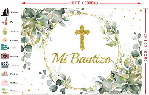 Miniatura 4 de Lofaris Mi Bautizo Telón de fondo de ceremonia de bendición de Dios con hojas verdes, anillo de oro, primera comunión, purpurina dorada, bautismo