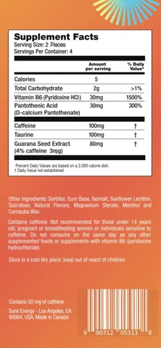 Miniatura 7 de Sunii - Goma de Mascar Energética - Impulso Rápido de Energía y Enfoque - Goma de Mascar con 50mg de Cafeína, Sabor a Menta Fresca - Vitaminas B6