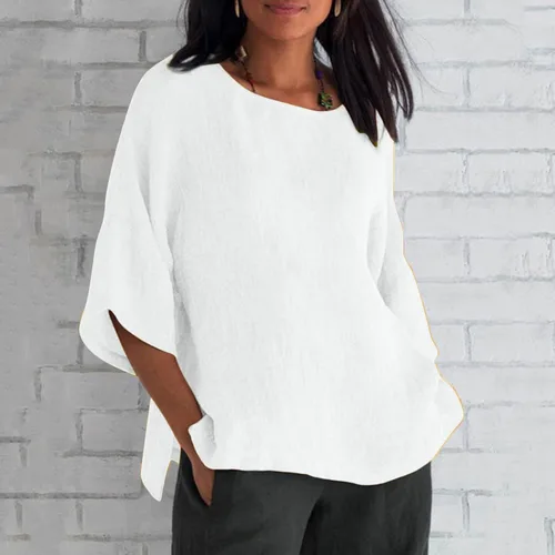 Miniatura 2 de Oversized Cotton Linen Shirts for Women 2023 Summer Casual Half Sleeve Crewneck Tunic Tops Loose Comfy Side Slit Basic Blouse