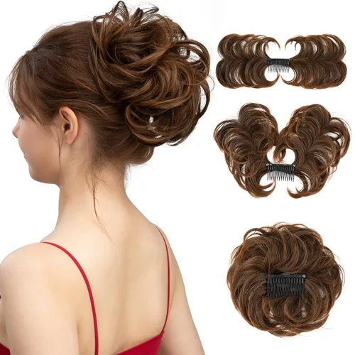 Miniatura 27 de Postizo de Cabello de Moño Despeinado con Peine Lateral Clip en Postizo de Moño para Mujeres Corto Natural Liso Versátil Estilos Ajustables Piezas