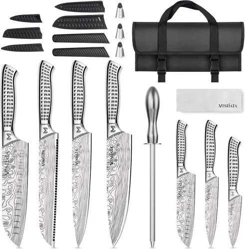 Miniatura 15 de MOSFiATA Juego de 6 cuchillos, juego de cuchillos japoneses de acero inoxidable para cocina con bolsa de almacenamiento de tela Oxford, apto