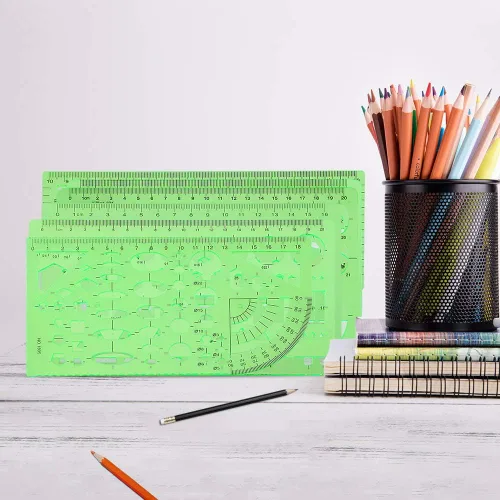 Miniatura 5 de Angrox Plantillas de dibujos geométricos, reglas de geometría de medición, 15 piezas con 1 bolsa de archivo para diseño, escuela, estudiar, edificio