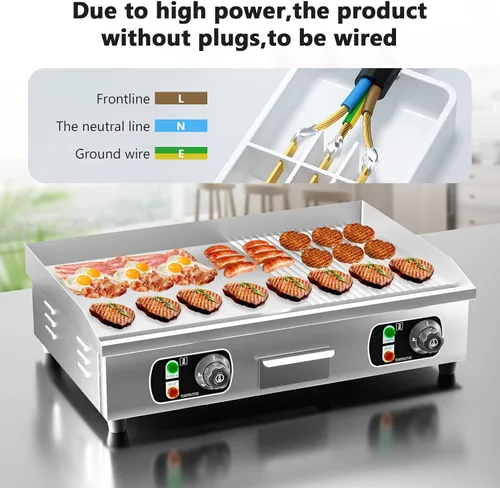 Miniatura 6 de Plancha eléctrica comercial de 29 pulgadas, parrilla de 110 V 3000 W, parrilla de placa caliente de parrilla plana, control termostático ajustable