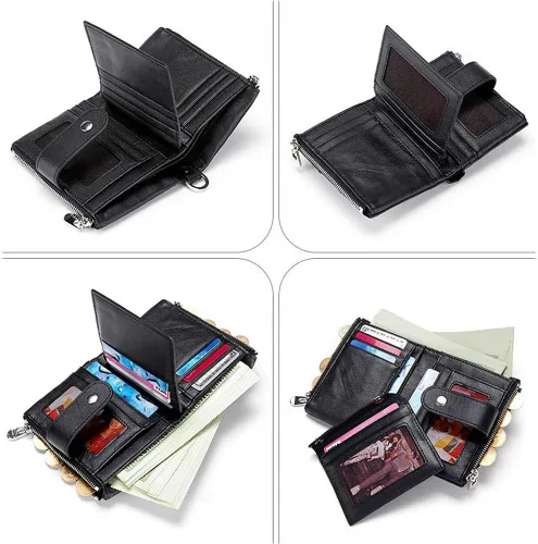 Miniatura 2 de boshiho Billeteras plegables de cuero real con bloqueo RFID para hombre, doble cremallera, bolsillo con cadena antirrobo