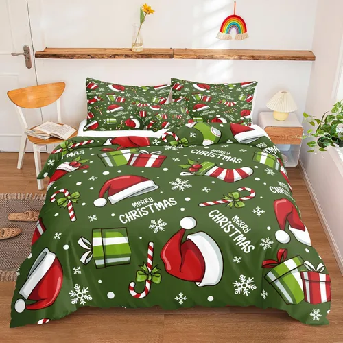 Miniatura 31 de Juego de ropa de cama de Navidad con funda de edredón de copos de nieve, color blanco y rojo, con estampado navideño, juego de ropa de cama festiva