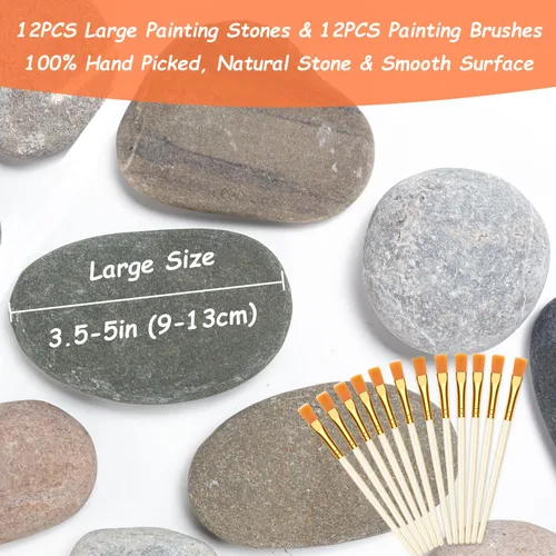 Miniatura 2 de 12 piezas de rocas grandes para pintar, piedras de río para pintar, rocas lisas y planas con 12 pinceles para pinturas, roca natural para pintar