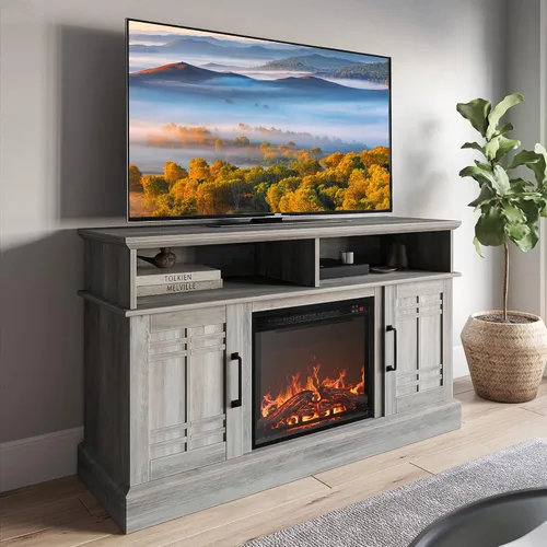 Miniatura 16 de BELLEZE Mueble TV, 48 pulgadas, con chimenea eléctrica funcional de 18 pulgadas, moderno, para TV de máx. 50 pulgadas, estantes abiertos y armarios