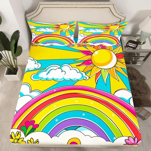Miniatura 25 de Juego de ropa de cama con diseño floral bohemio, tamaño individual, diseño retro de flores groovy, 60S y 70S, diseño de flores hippie para niños