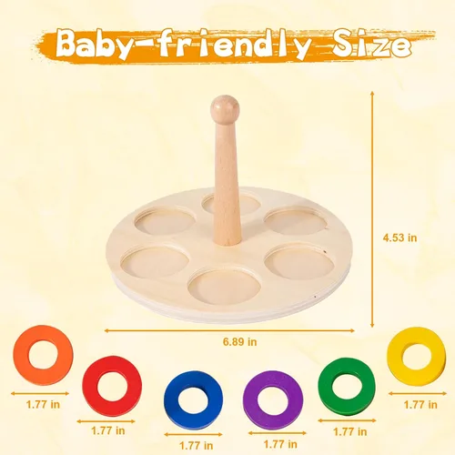 Miniatura 5 de Adena Montessori Anillo de madera para apilar y clasificar con 6 anillos de clavija, anillos apilables de arco iris de madera, juguetes apiladores