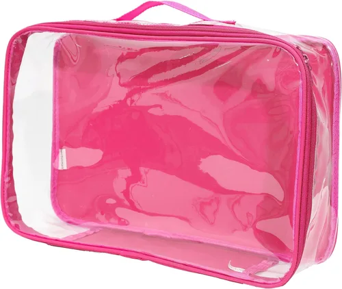 Cubo grande de embalaje de viaje transparente/organizador de PVC transparente para maleta/bolsa multiusos con asa/camisas de vestir, pantalones, Rosa