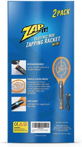 Miniatura 8 de ZAP IT! Bug Zapper - Raqueta recargable mata mosquitos, 4000 voltios, cable de carga USB, paquete de 2 (Mini, Naranja)