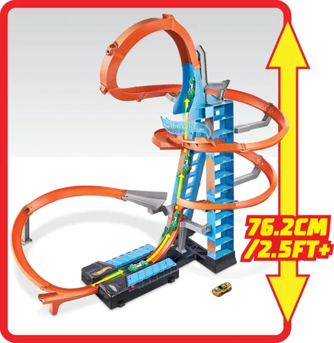 Miniatura 5 de Hot Wheels Sky Crash Tower Track Set - Juego de pistas de torre de 2.5+ pies / 83 cm de altura con refuerzo motorizado, pista naranja y 1 vehículo