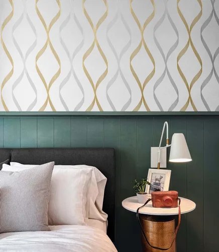 Miniatura 5 de NextWall Ogee Ribbon - Papel tapiz autoadhesivo (plateado y dorado)