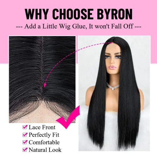 Miniatura 3 de BYRON Peluca negra natural para mujer, pelucas largas y lacias, peluca de encaje frontal con raya en medio, peluca de cabello Remy suave y sedoso
