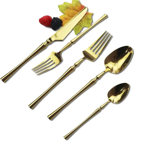 Miniatura 2 de Juego de cubiertos dorados de 5 piezas de acero inoxidable 18/10 para 1, cuchillos con acabado espejo, tenedores, cucharas, ideal para bodas