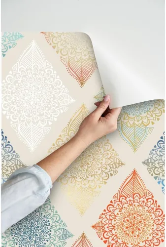 Miniatura 3 de Spoonflower Papel tapiz para despegar y pegar, diseño de diamantes bohemios, mandala de diamante bohemio, azul, mostaza, floral, papel tapiz