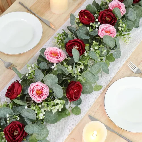 Miniatura 16 de TOCHGREEN Paquete de 2 Guirnaldas de Flores de Eucalipto Artificial de 12 Pies con Rosas Champán, Guirnalda de Flores de Rosa Falsa Verdor