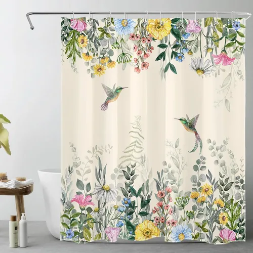 Cortina de ducha floral colorida con hojas de eucalipto verde con flores colibrí sobre beige cortina de ducha para baño, cortina de baño de tela de