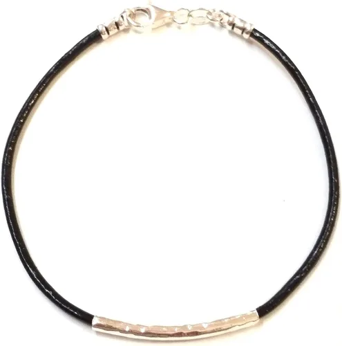 Miniatura 7 de 2mm Black Leather Cord with 925 Sterling Silver Ends, Clasp and Floating Hammered Curved Tube Bracelet. Made to Your Size. Women, Men, Unisex