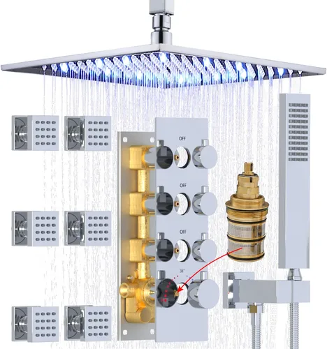 Miniatura 15 de HOMEDEC Sistema de ducha de lluvia LED de 16 pulgadas, válvula desviadora termostática de 3 vías con 6 pulverizadores corporales, todas las Negro