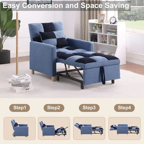 Miniatura 3 de Sofá cama convertible 3 en 1, silla reclinable de tela de terciopelo para interiores con respaldo ajustable y almohada para adultos, sofá extraíble