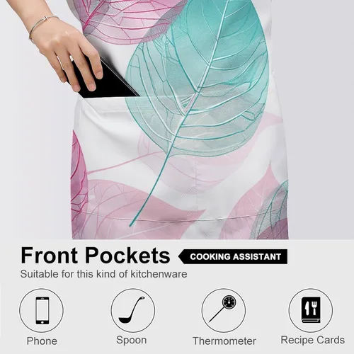 Miniatura 5 de MUSM Apron for Adults - 27.6 X 31.5 Inch, Heavy-Duty Polyester Aprons with Two Large Pockets, Waterproof Peach And Teal Leaves Kitchen Apron for