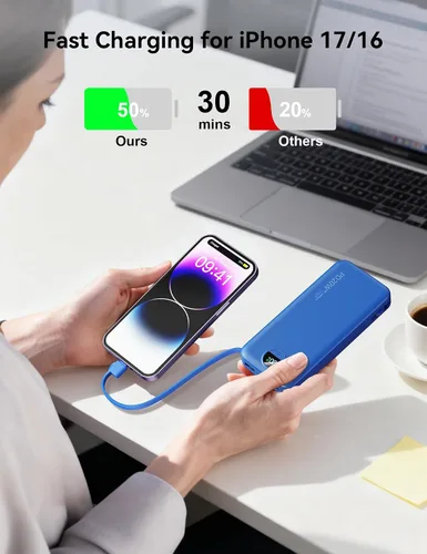 Miniatura 3 de Banco de energía aonidi de 12000mAh ultraportátil con cables incorporados y enchufe de pared AC, paquete de batería de carga rápida USB-C PD20W