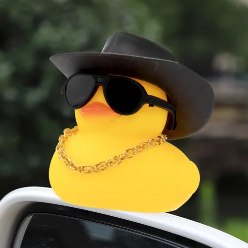 Miniatura 2 de wonuu Pato de goma para automóvil, decoración de pato amarillo con sombrero para el sol, anillo de natación, collar, gafas de sol para decoración
