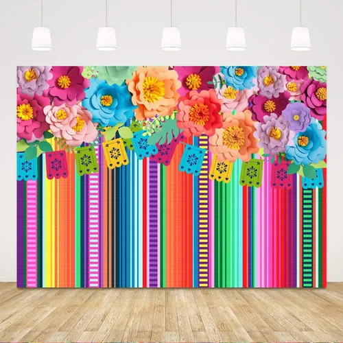 Ticuenicoa Telón de fondo de fiesta mexicana de 7 x 5 pies, fondo de fiesta con diseño de flores de cinco de mayo, para fotos, rayas florales,