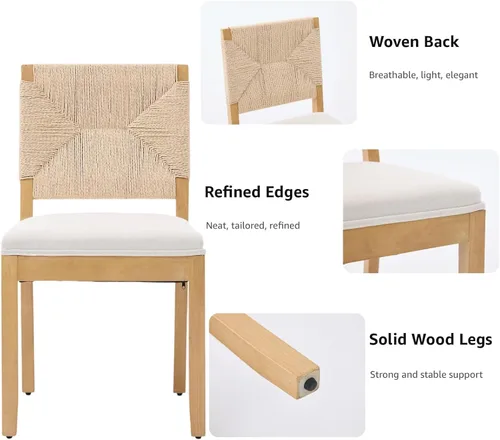 Miniatura 6 de Juego de 2 sillas de comedor de campo francés, sillas de comedor de madera de granja beige, silla de comedor con respaldo tejido con cojín tapizado