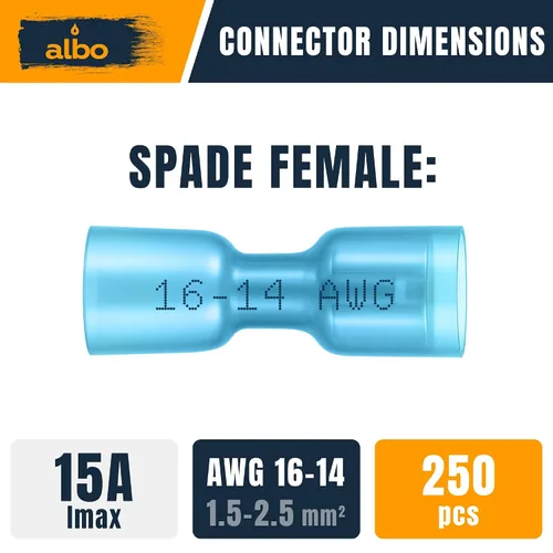 Miniatura 2 de Kit de conectores de pala hembra termorretráctiles de 250 piezas, terminales eléctricos impermeables azules AWG 16-14, conectores de pala de alambre