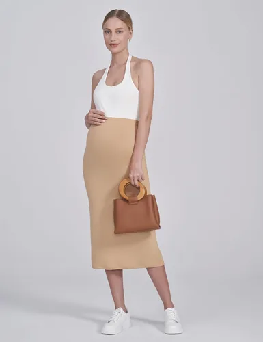 Miniatura 5 de POSHDIVAH Falda de maternidad para mujer, sobre el vientre, de cintura alta, color liso, elástica, falda tubo para embarazo