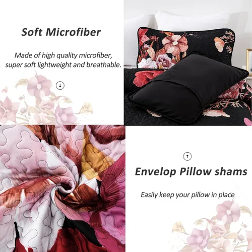 Miniatura 6 de Juego de colcha floral tamaño Queen de 3 piezas, juego de colcha con estampado floral rojo suave de microfibra ligera, cubrecama acolchado negro
