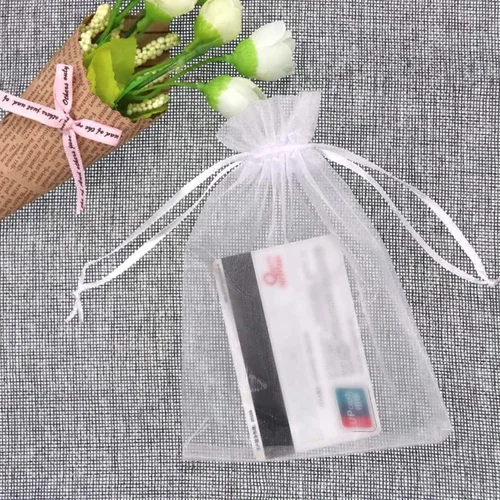 Miniatura 6 de 100 piezas de bolsas de regalo de 5x7 pulgadas, tela de organza transparente y clara, bolsitas blancas con cordón para regalos de baby shower, Blanco