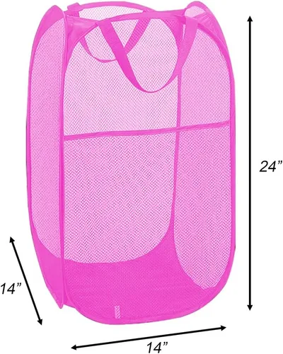 Miniatura 2 de Larpur Paquete de 2 cestas plegables para lavandería, plegable, portátil, de malla, con asas de transporte reforzadas (rosa)