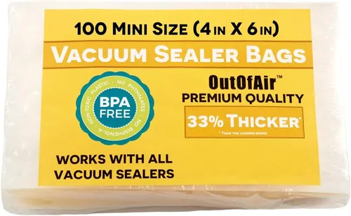 OutOfAir 100 bolsas para sellador al vacío: bolsas precortadas de 10.2 x 15.2 cm - Funciona con FoodSaver y otras máquinas - 33% más gruesas, sin