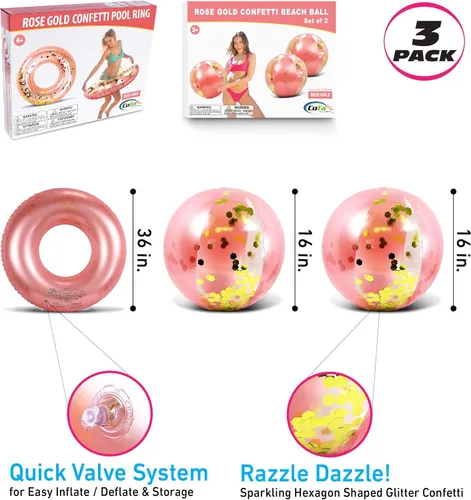 Miniatura 2 de Mozlly Paquete de pelotas de playa inflables de oro rosa y tubo de flotador de piscina, flotador de piscina y bola de playa con purpurina