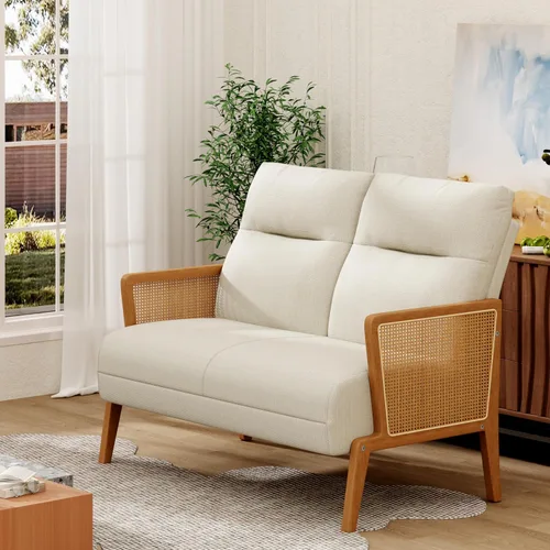 Miniatura 7 de Love Seat - Sofá pequeño tapizado con reposabrazos de ratán natural, respaldo, sofá biplaza para sala de estar, dormitorio, color beige