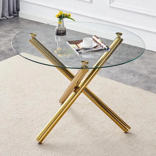 Miniatura 3 de Mesa redonda de comedor de vidrio para 2 a 4, moderna mesa superior de vidrio templado, patas cromadas resistentes, almohadillas ajustables, mesa