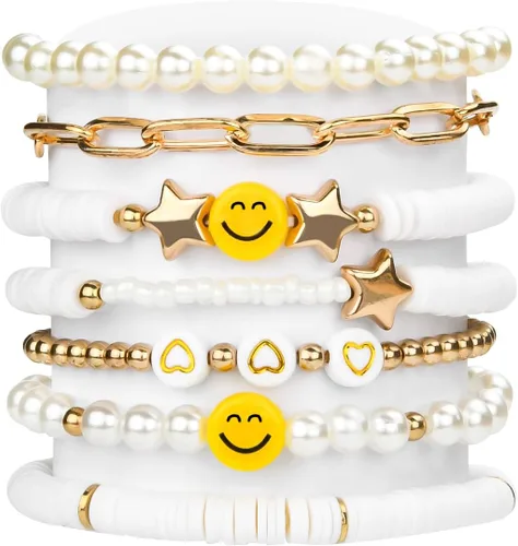 Abitoncc Preppy Heishi - Juego de pulseras de surfista para niñas adolescentes, bonitos aretes estéticos, anillos estéticos preppy coloridos de oro
