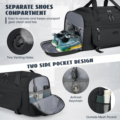 Miniatura 4 de Bolsa de gimnasio para hombre, 40 L, bolsa de lona deportiva para gimnasio, bolsa de lona para mujer, con compartimento para zapatos y bolsillo