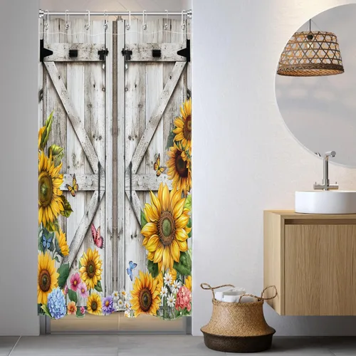 Miniatura 13 de Cortina de ducha con puerta de granero occidental para baño, lavanda púrpura y verde corona de eucalipto en tableros de madera rústica, cortina