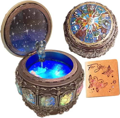 Briskfeel Caja de música con signos del sol y del zodiaco, diosa giratoria, Plays You Are My Sunshine, con movimiento Sankyo de 18 notas, base de