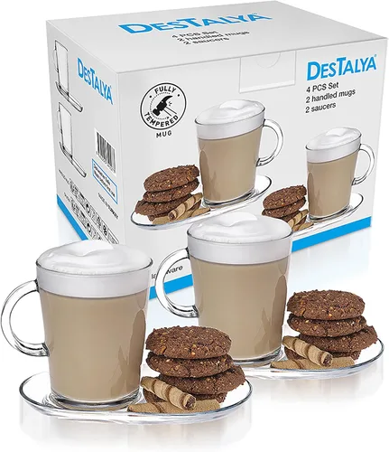 Miniatura 6 de DESTALYA Juego de tazas de café con asas y platillos Tazas de vidrio transparente con mango de 13.52 onzas para bebidas calientes bebidas frías