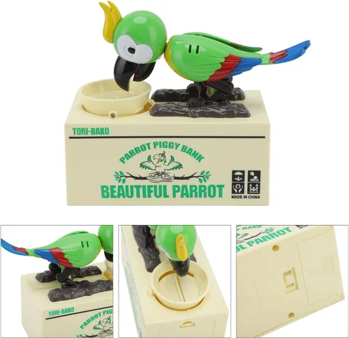 Miniatura 8 de Caja de loro robador, caja de dinero eléctrica para niños, caja de ahorro de dinero con forma de loro, alcancía electrónica robótica de juguete